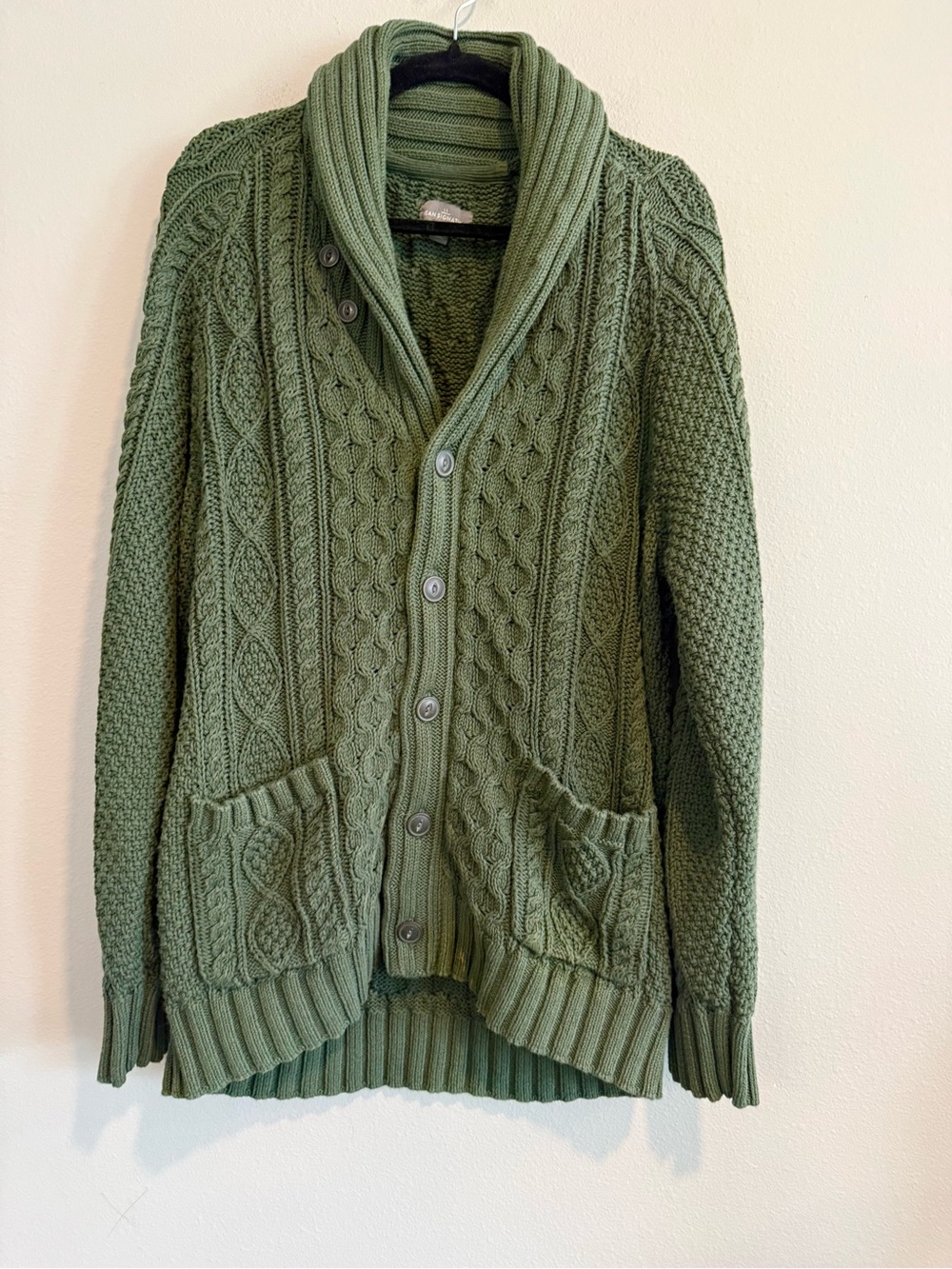 LL Bean Signature Cable Knit Shawl Neck Cardigan Cotton Fisherman Chunky L